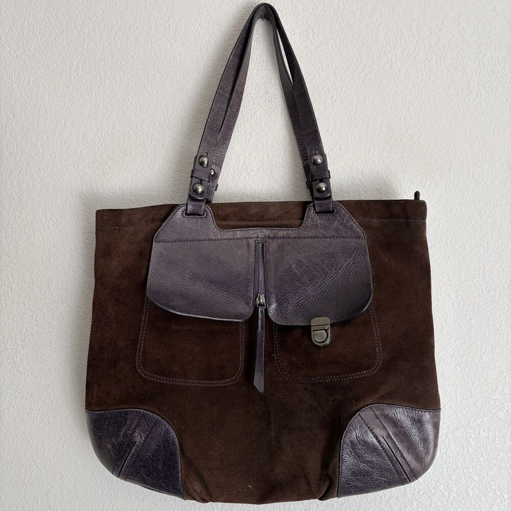 Francesco Biasia Brown/Purple Suede Leather Tote Shoulder Bag Large Y2K Boho